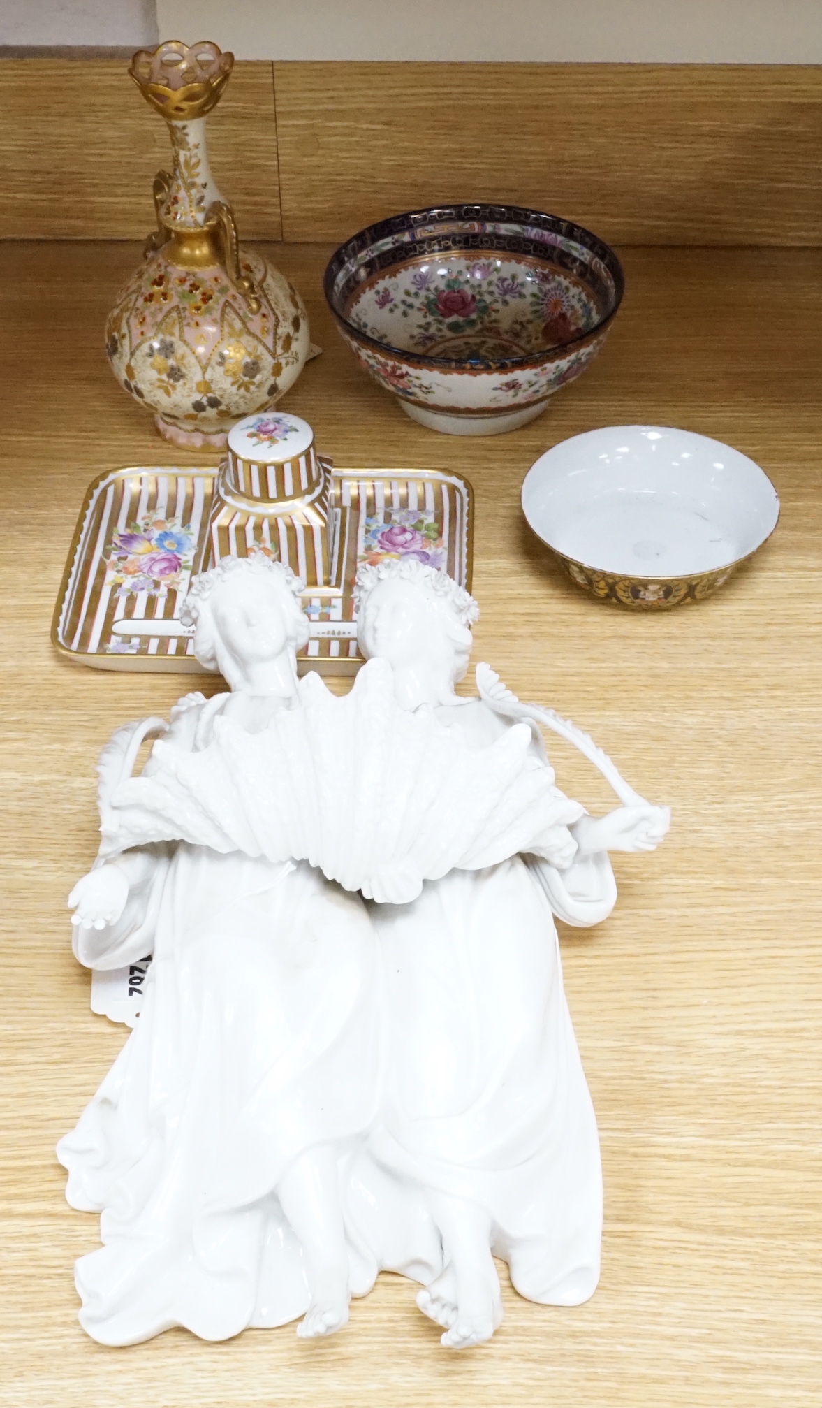 A 19th century Chinese enamelled porcelain bowl made for the Thai market, a Limoges vase, an inkstand, a Samson bowl and an angelic wall pocket, wall pocket approximately 42cm high (5)